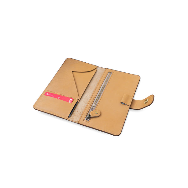 Tan leather wallet on a white background