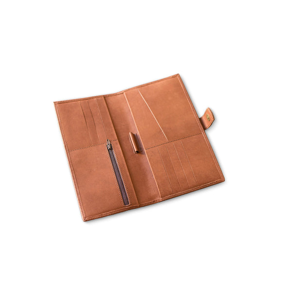 Brown leather wallet with zipper on a white background