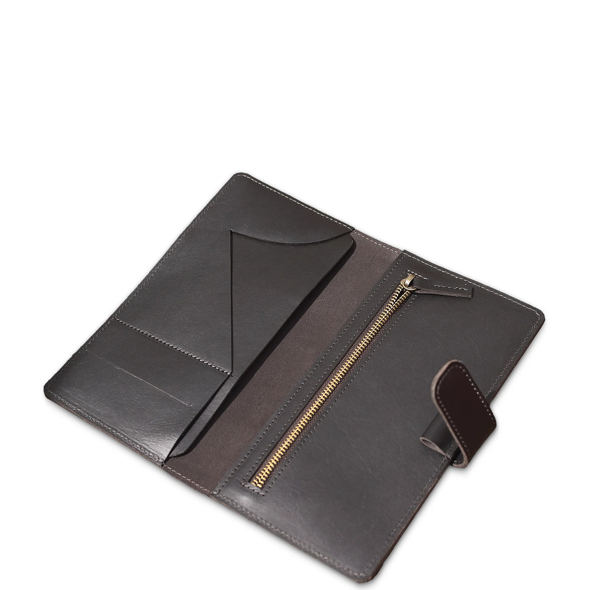 Brown leather wallet with zipper on a white background