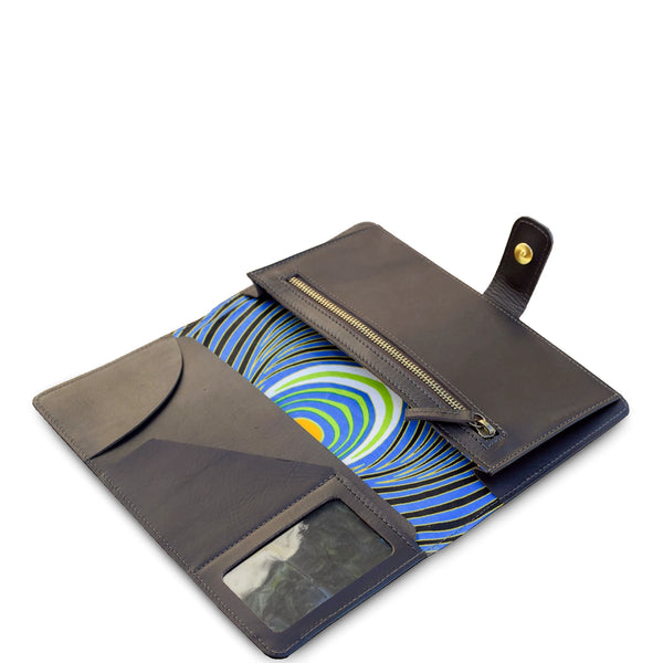 Brown leather wallet with a colorful interior on a white background