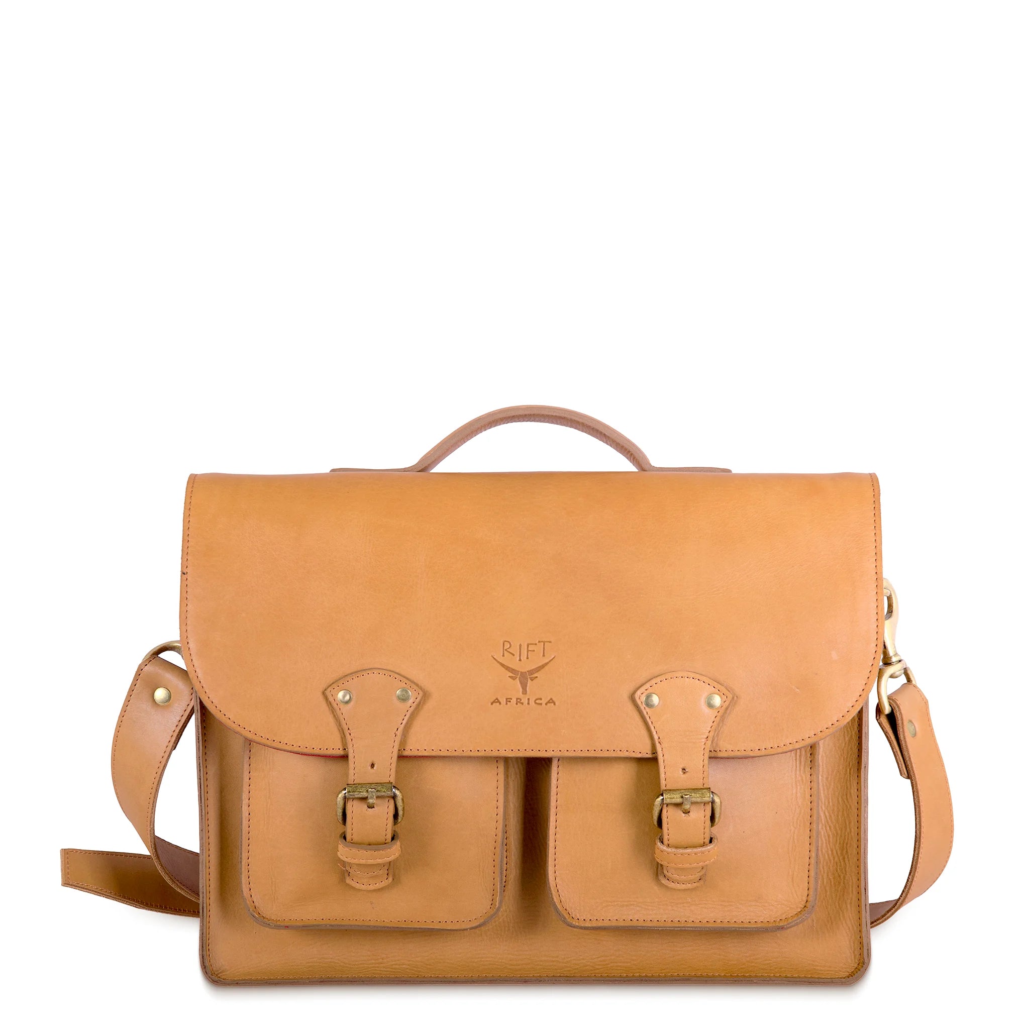 Tan leather satchel bag with gold accents on a white background