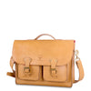 Tan leather satchel bag with a visible brand logo on a white background