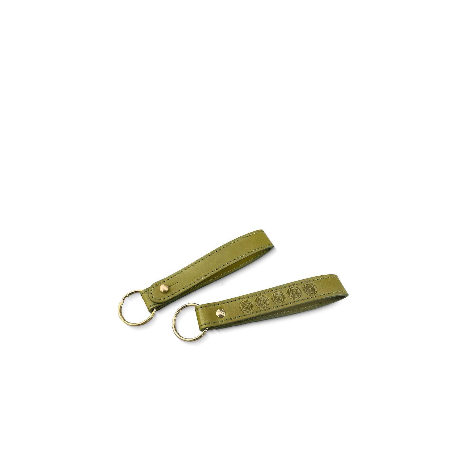 Two green leather keychains on a white background