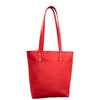 Red tote bag with gold buttons on a white background