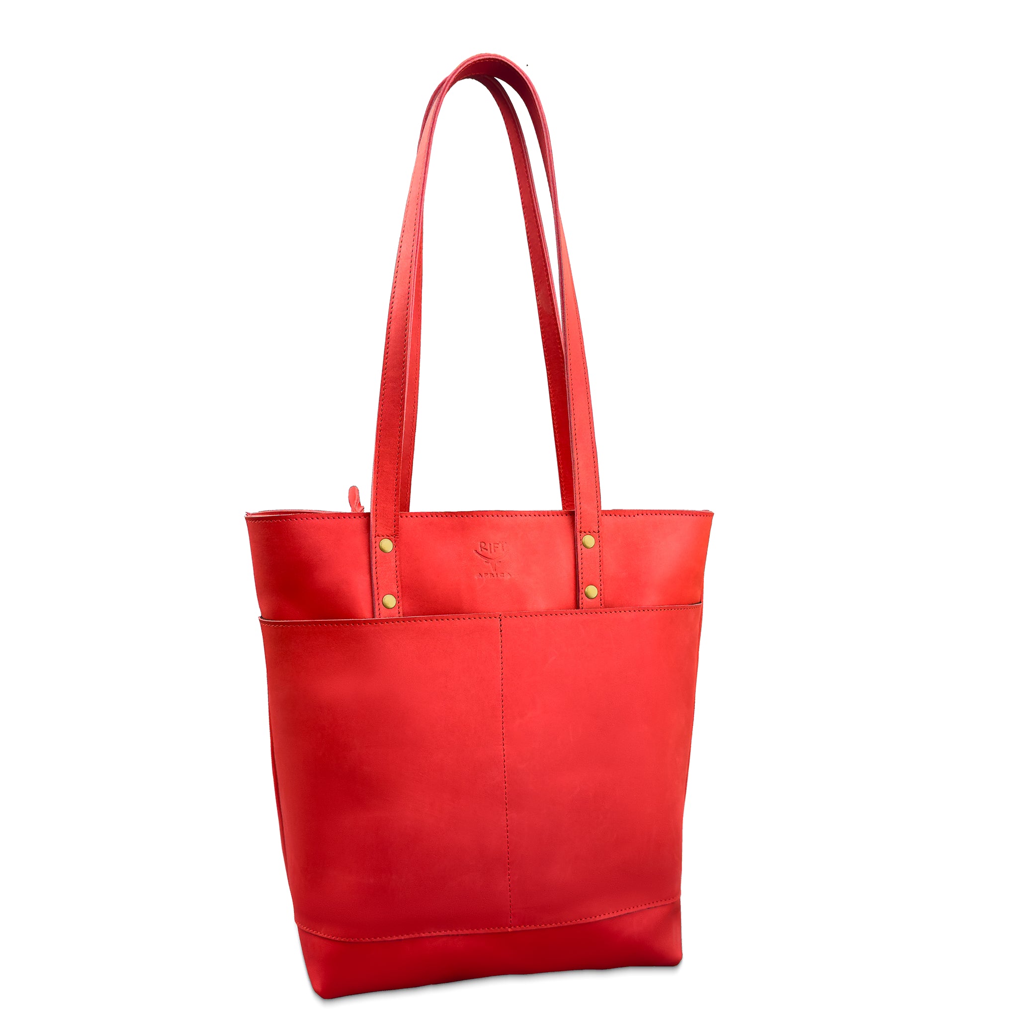 Red tote bag with gold accents on a white background