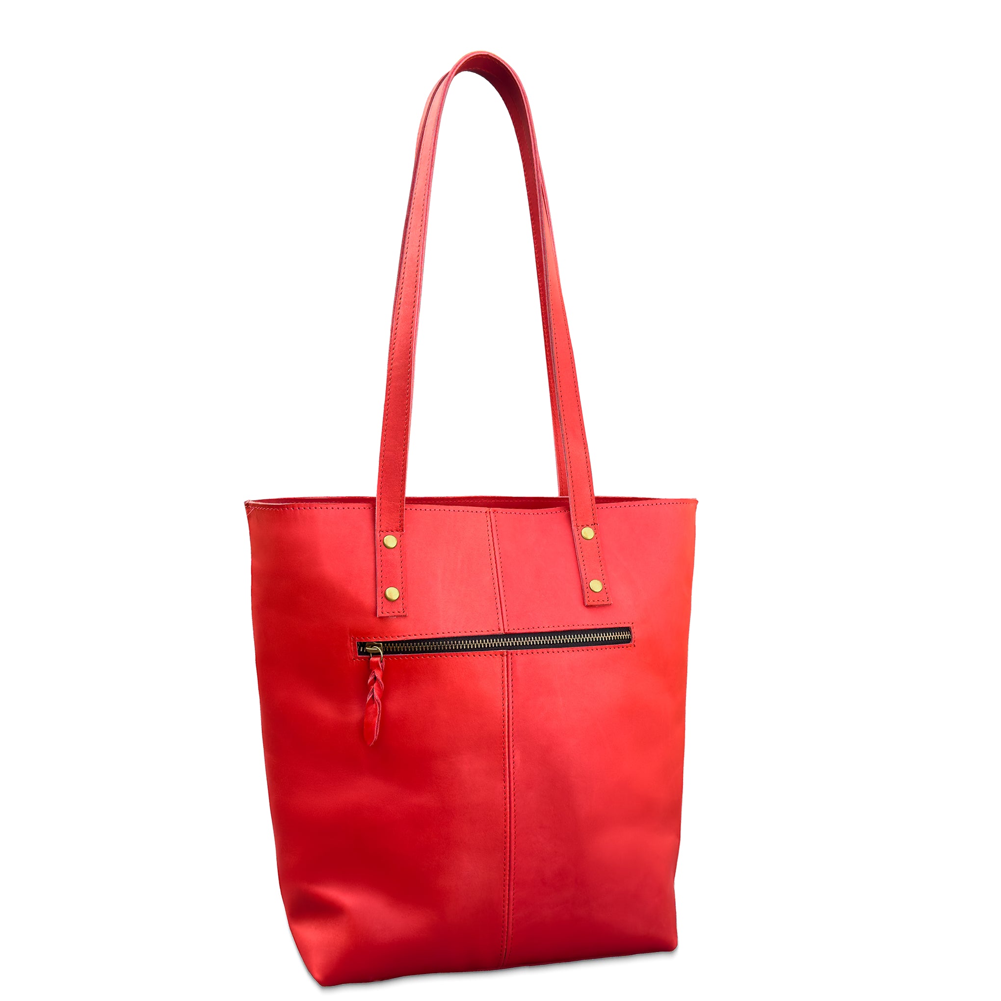 Red tote bag with gold zipper on a white background