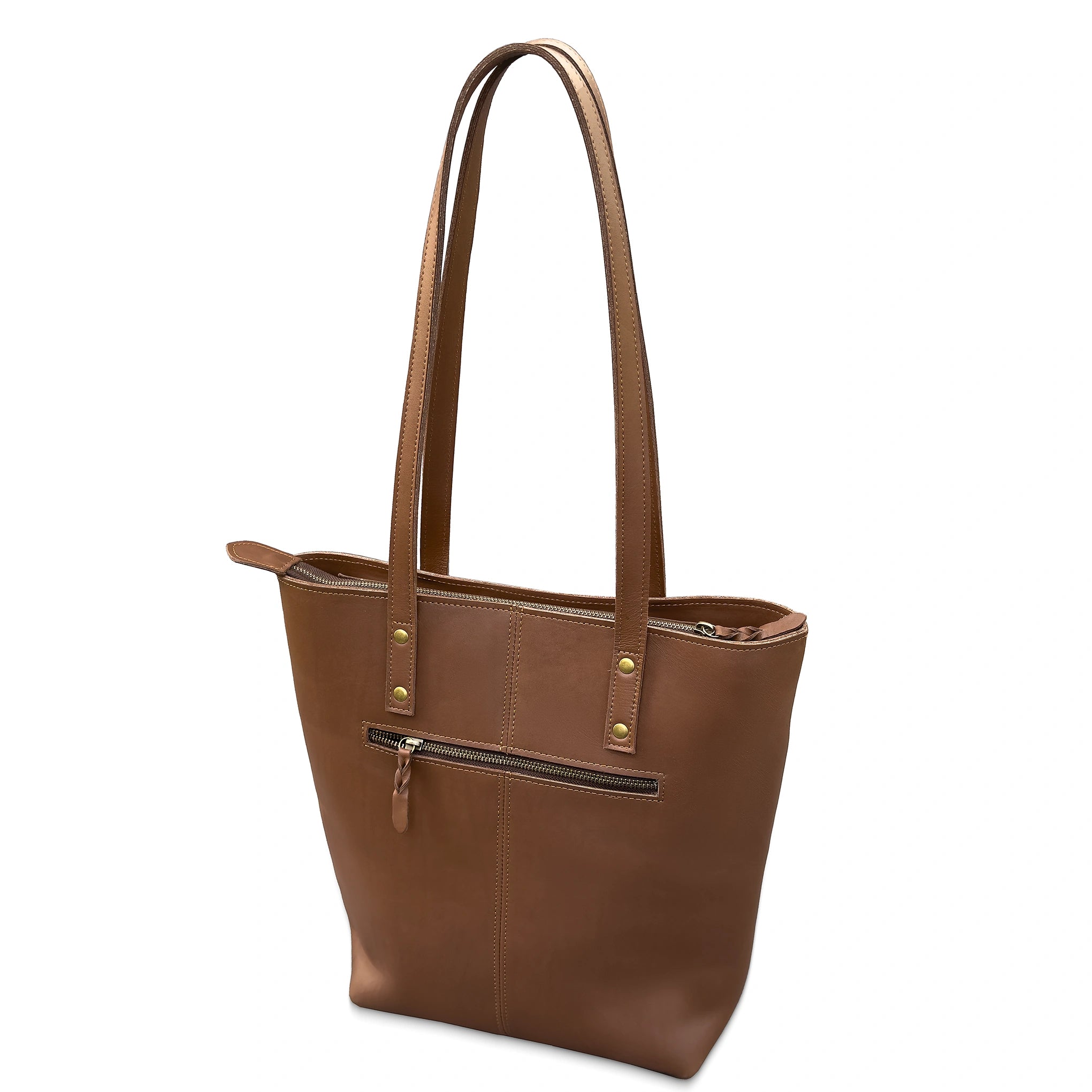 Brown leather tote bag with gold zipper and studs on a white background