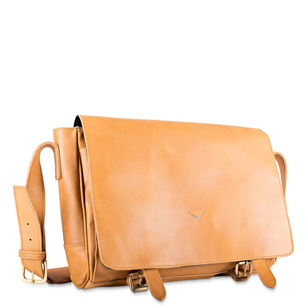 Tan leather bag with a visible brand logo on a white background