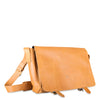 Tan leather messenger bag on a white background