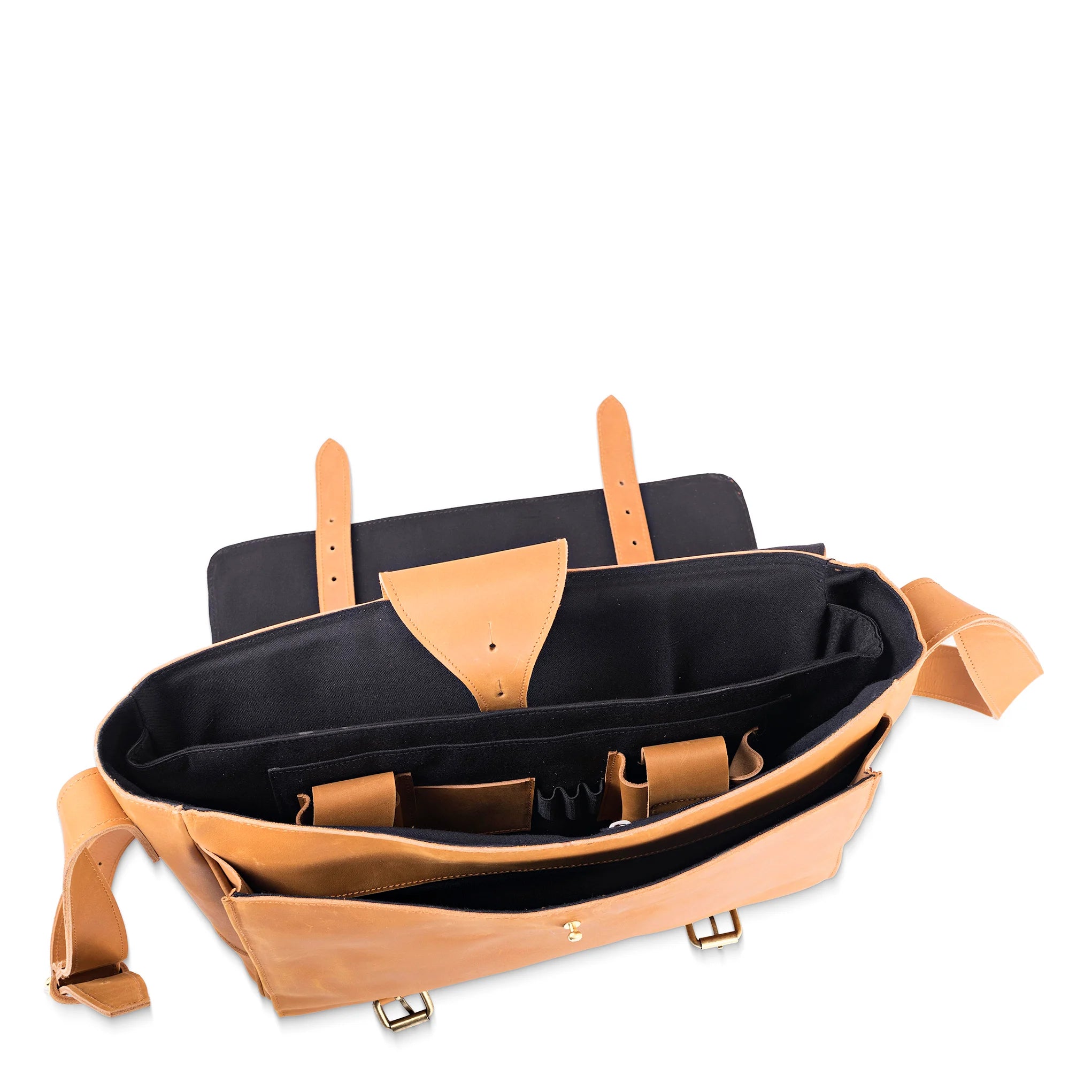 Tan and black bag organizer with straps on a white background