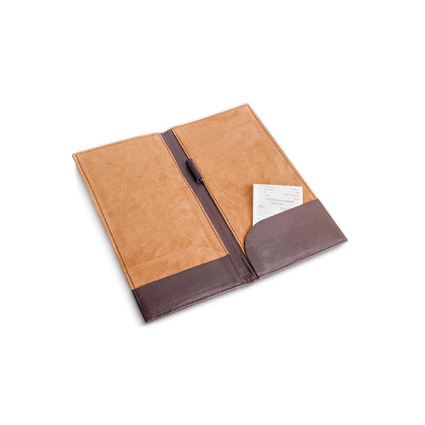 Tan and brown leather restaurant bill holder with receipt pocket – luxury check presenter