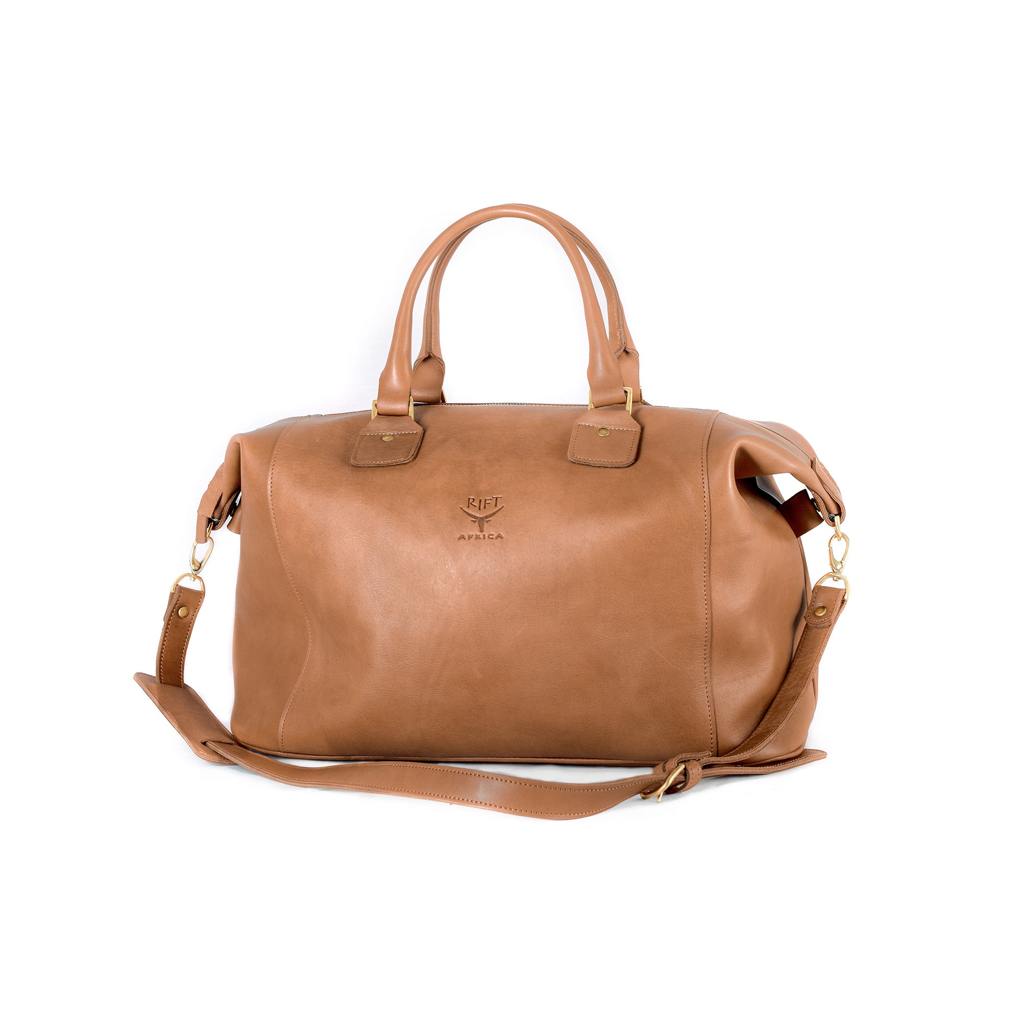 Brown leather travel bag with a strap 