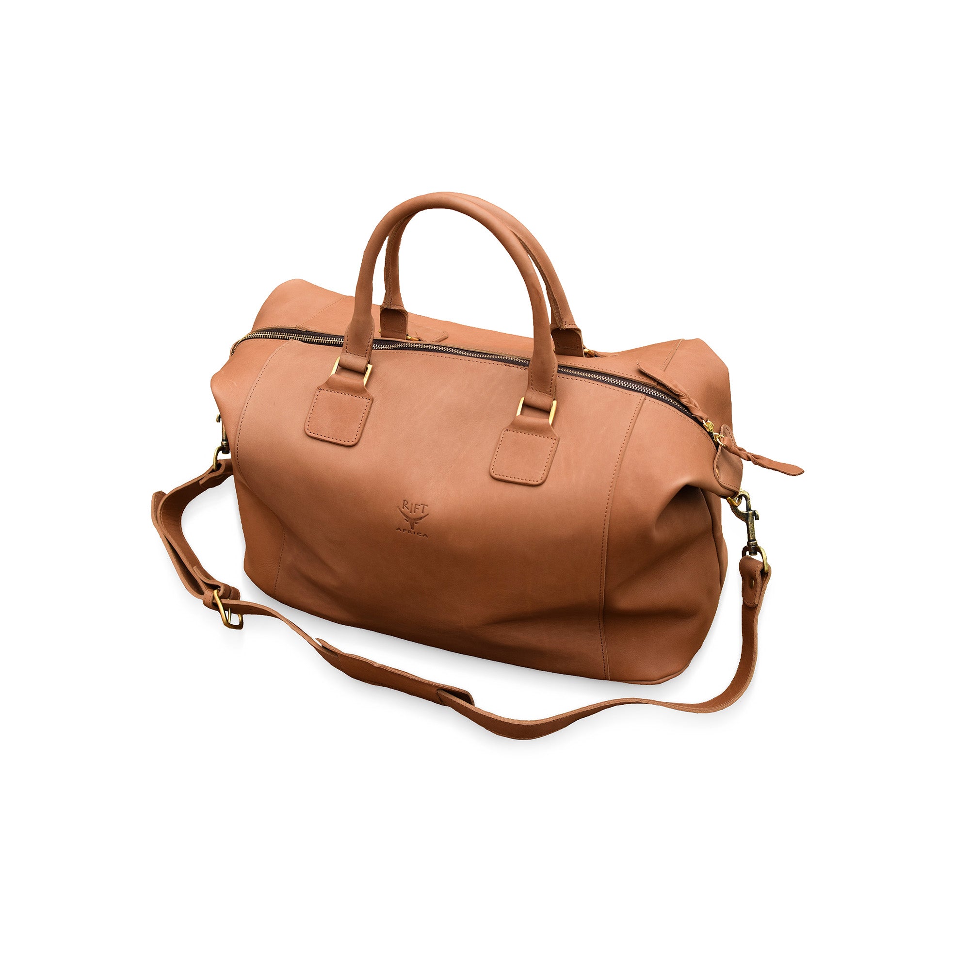 Brown leather travel bag with a strap 