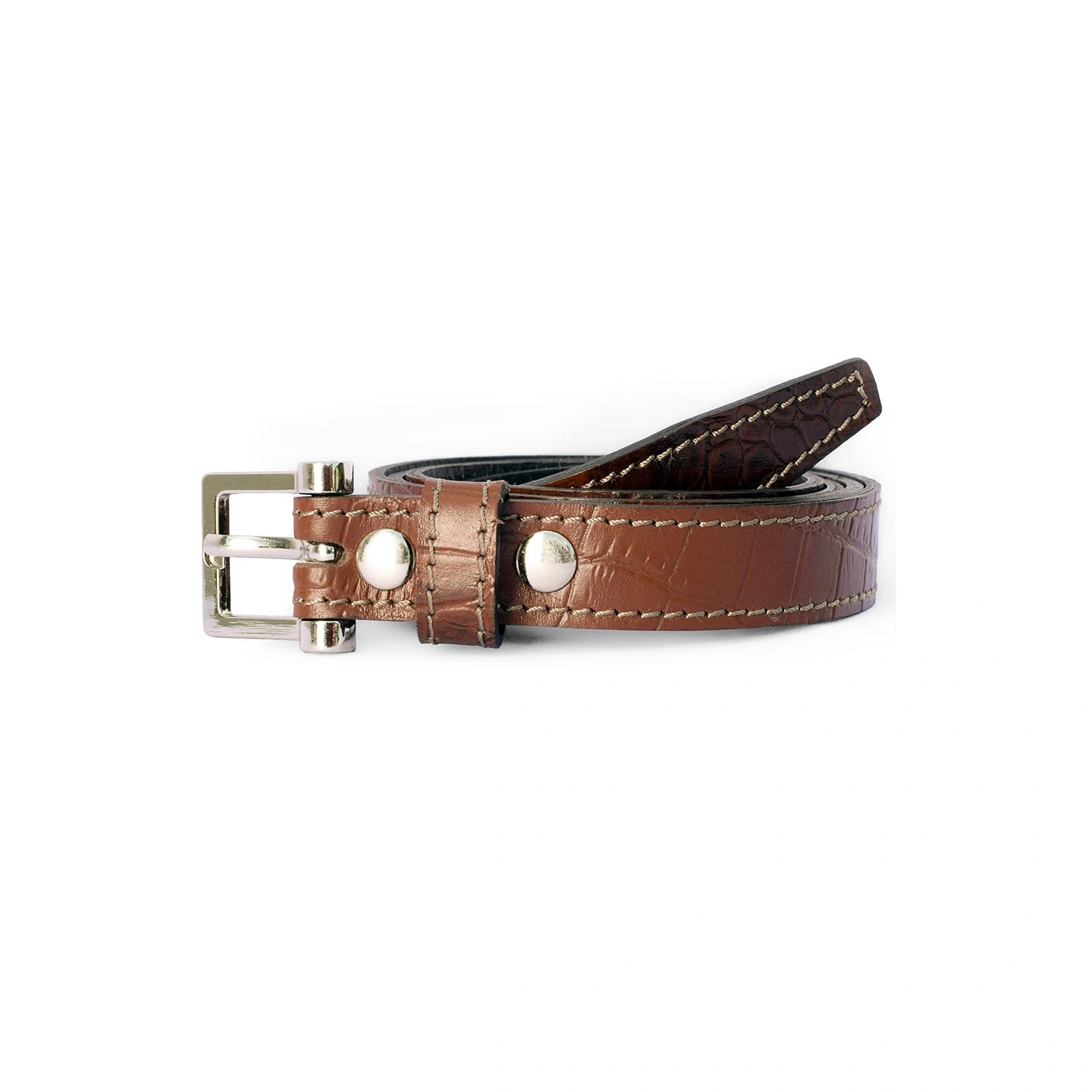 Brown leather belt with silver buckle