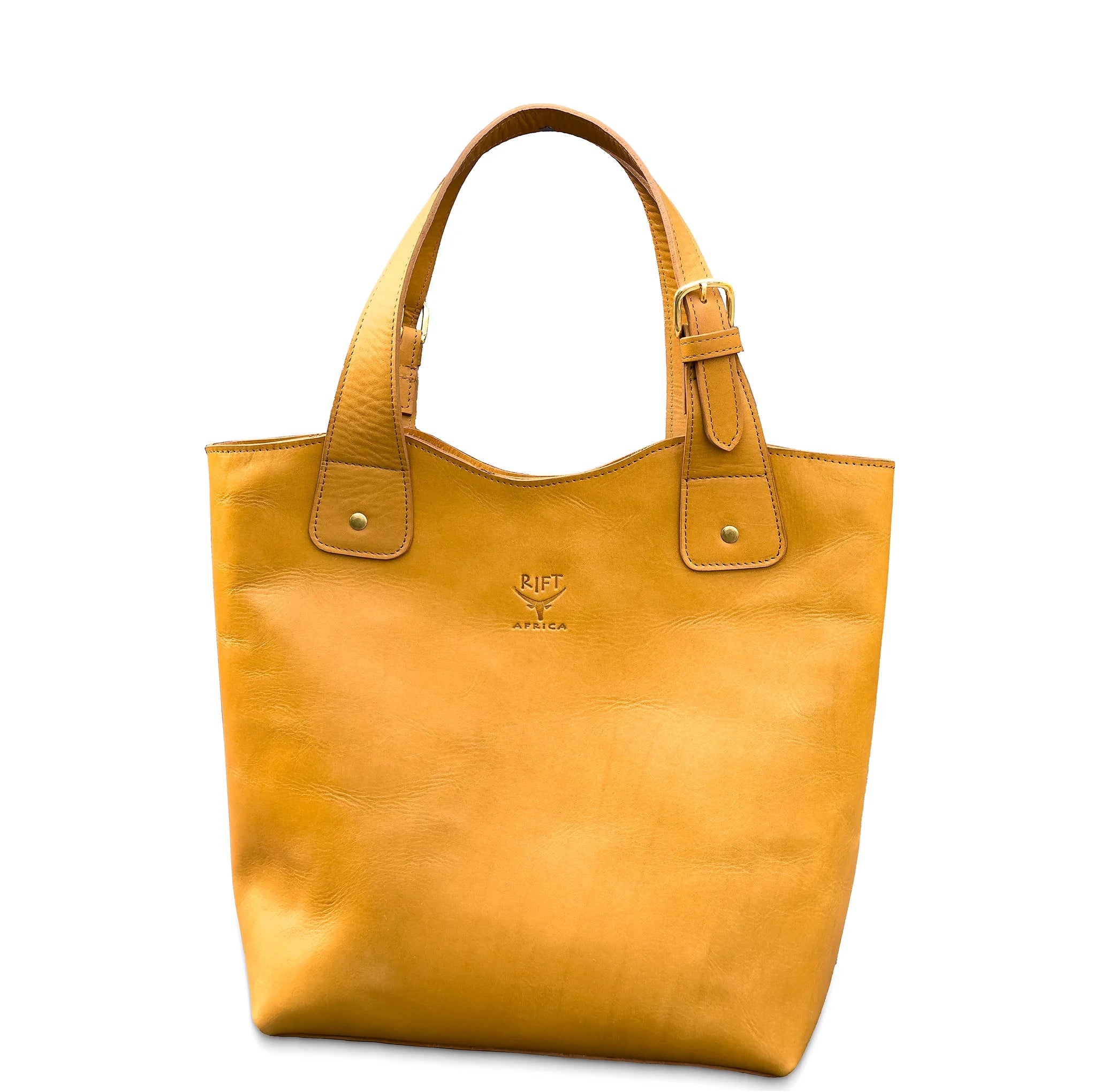 Tan leather tote bag with a visible brand logo on a white background