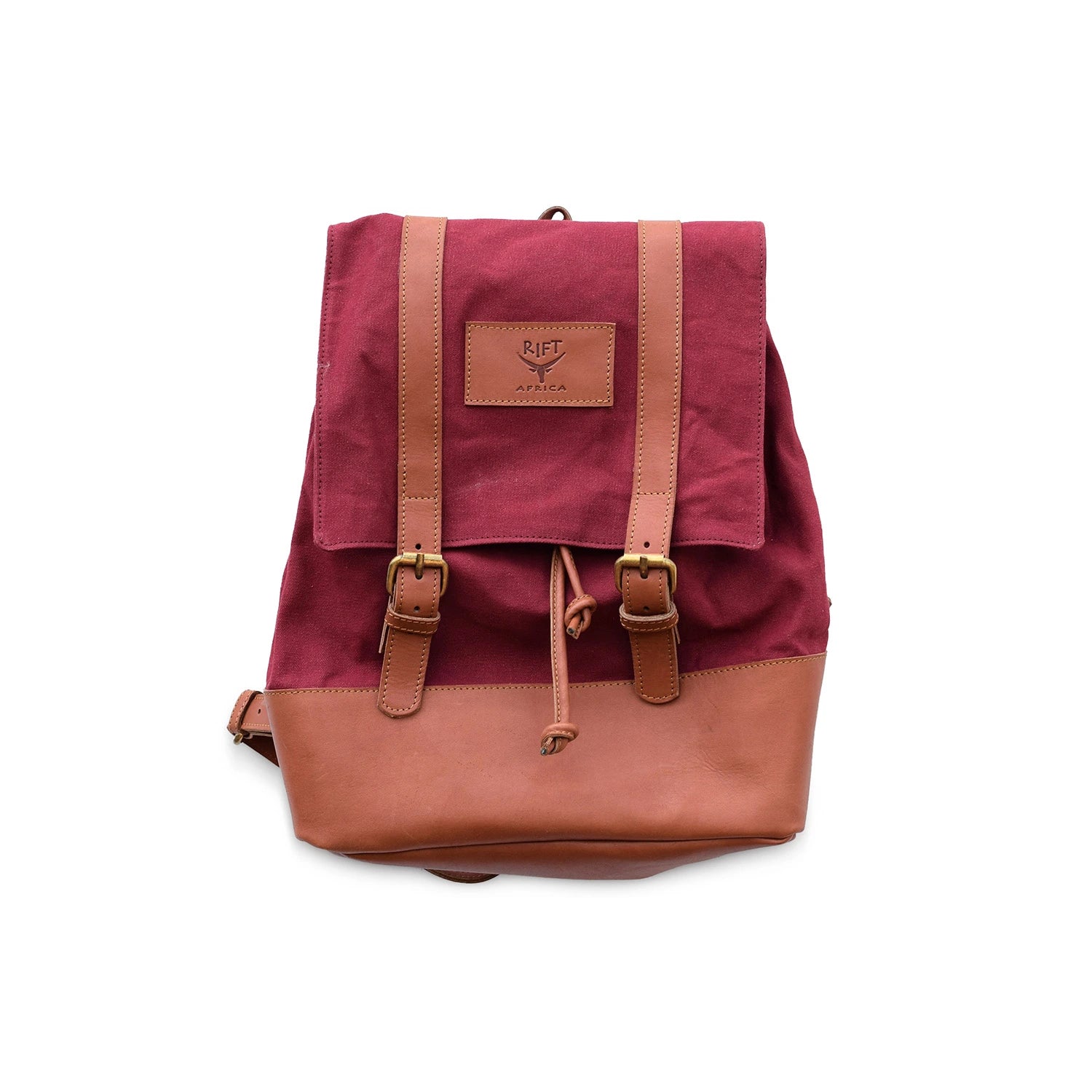 Maroon and brown backpack with leather straps 