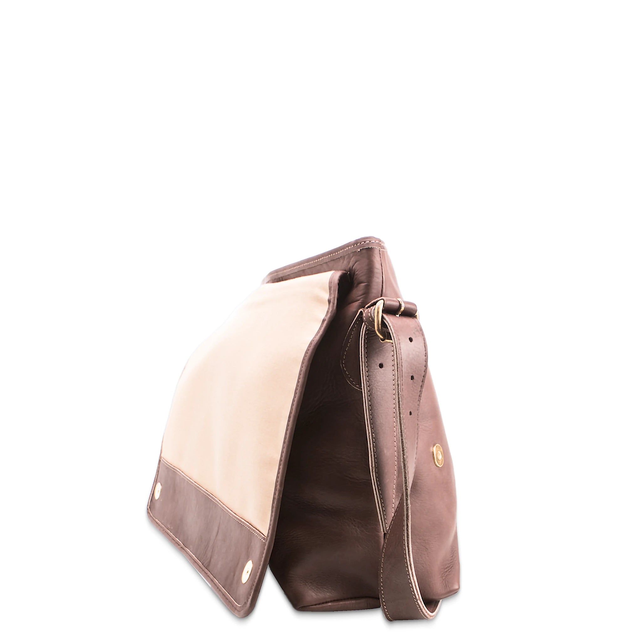 Brown leather handbag with beige interior on a white background