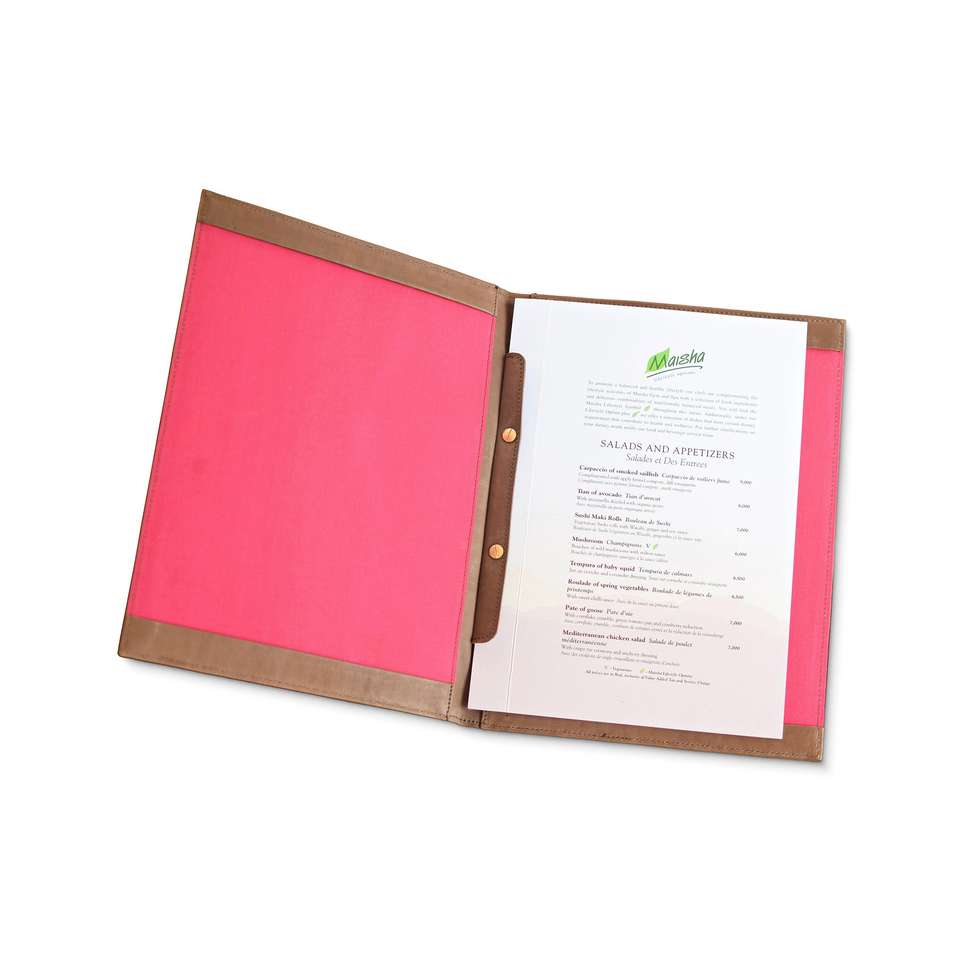 Open custom restaurant menu cover in pink fabric with tan leather corners and screwpost binding