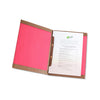 Open custom restaurant menu cover in pink fabric with tan leather corners and screwpost binding