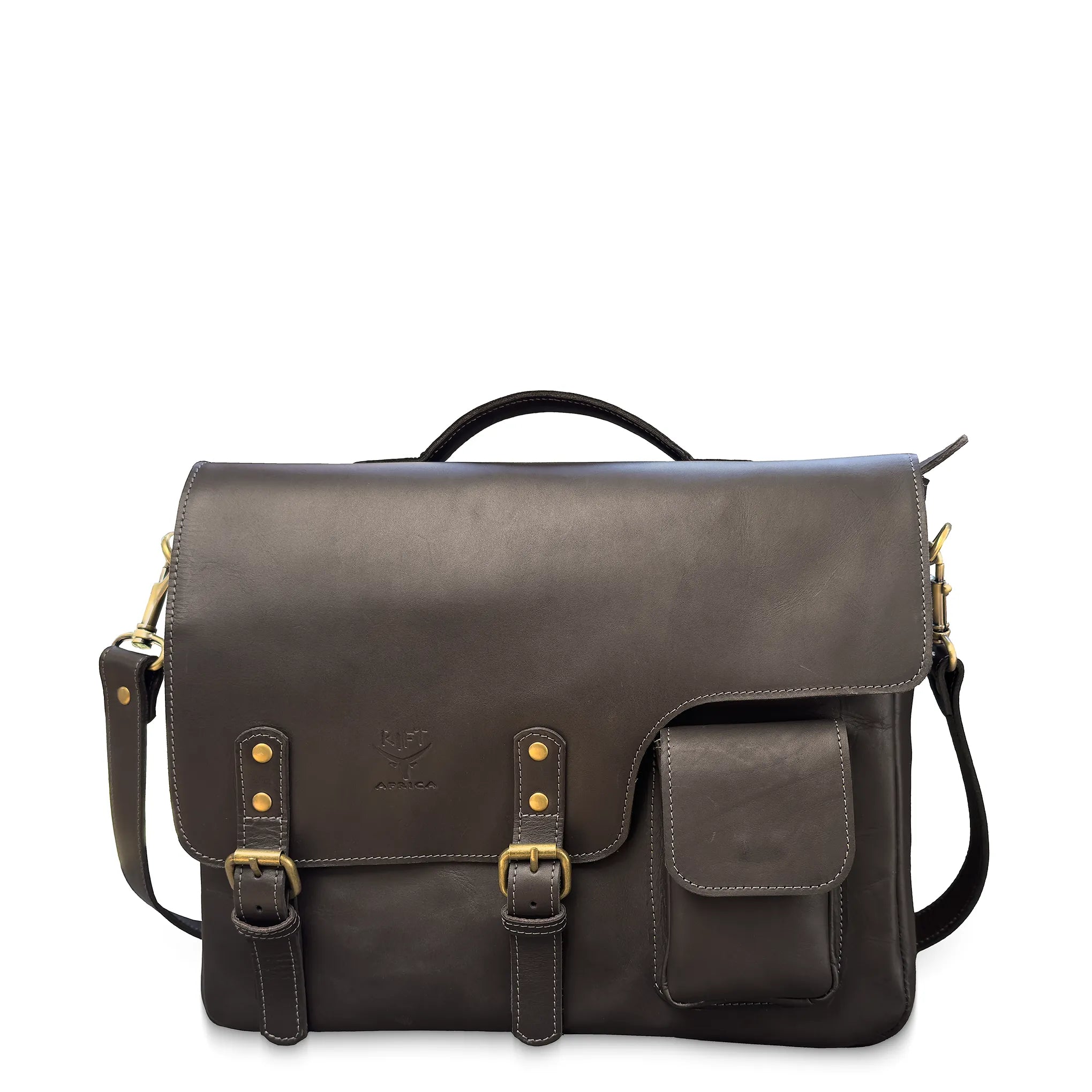 Dark brown leather satchel bag with gold buckles on a white background