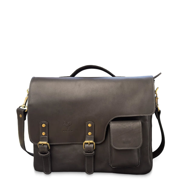 Dark brown leather satchel bag with gold buckles on a white background