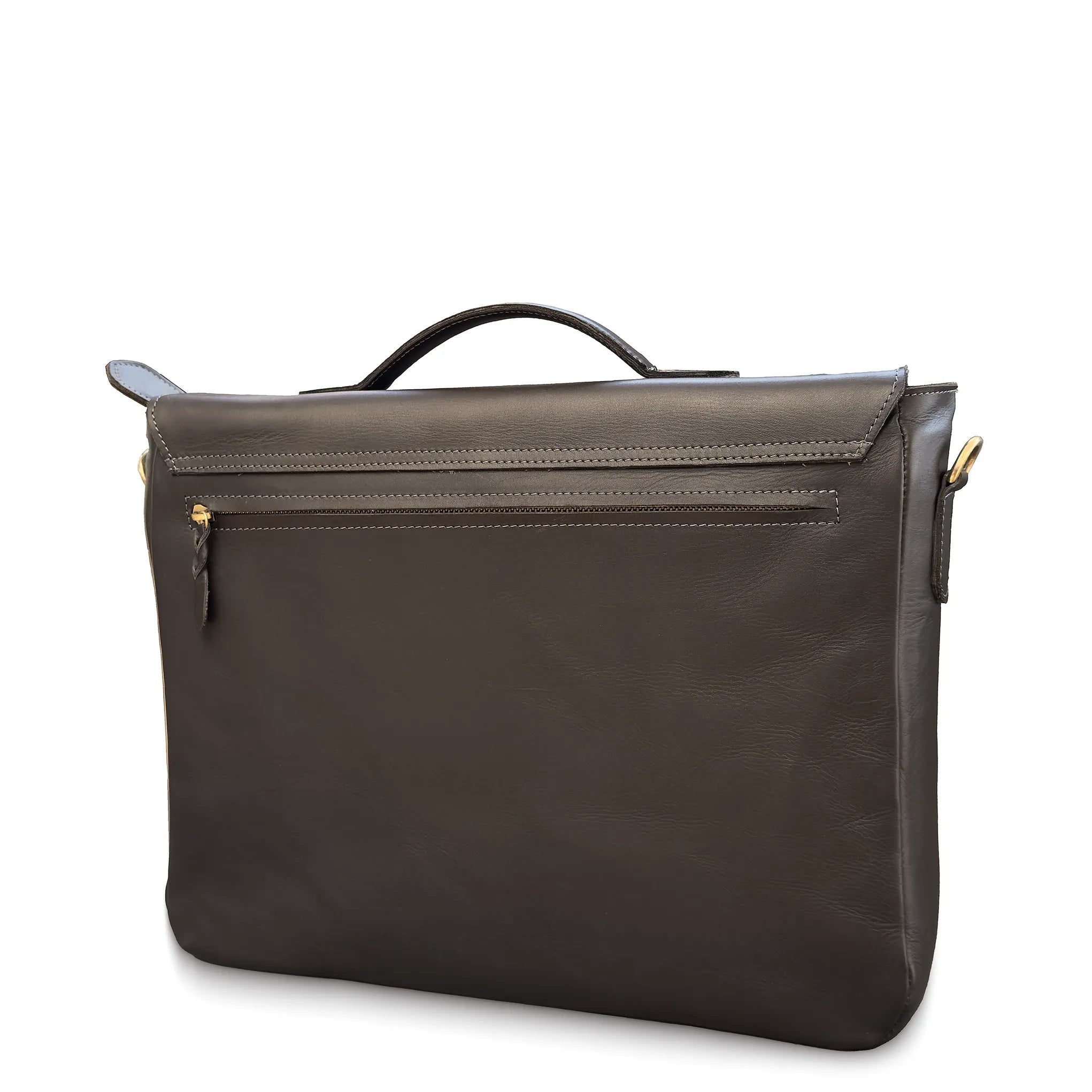 Dark brown leather briefcase on a white background