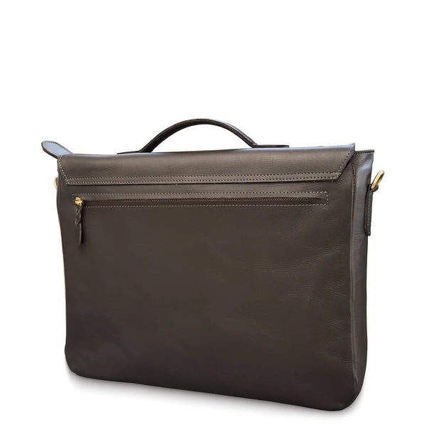 Dark brown leather briefcase on a white background