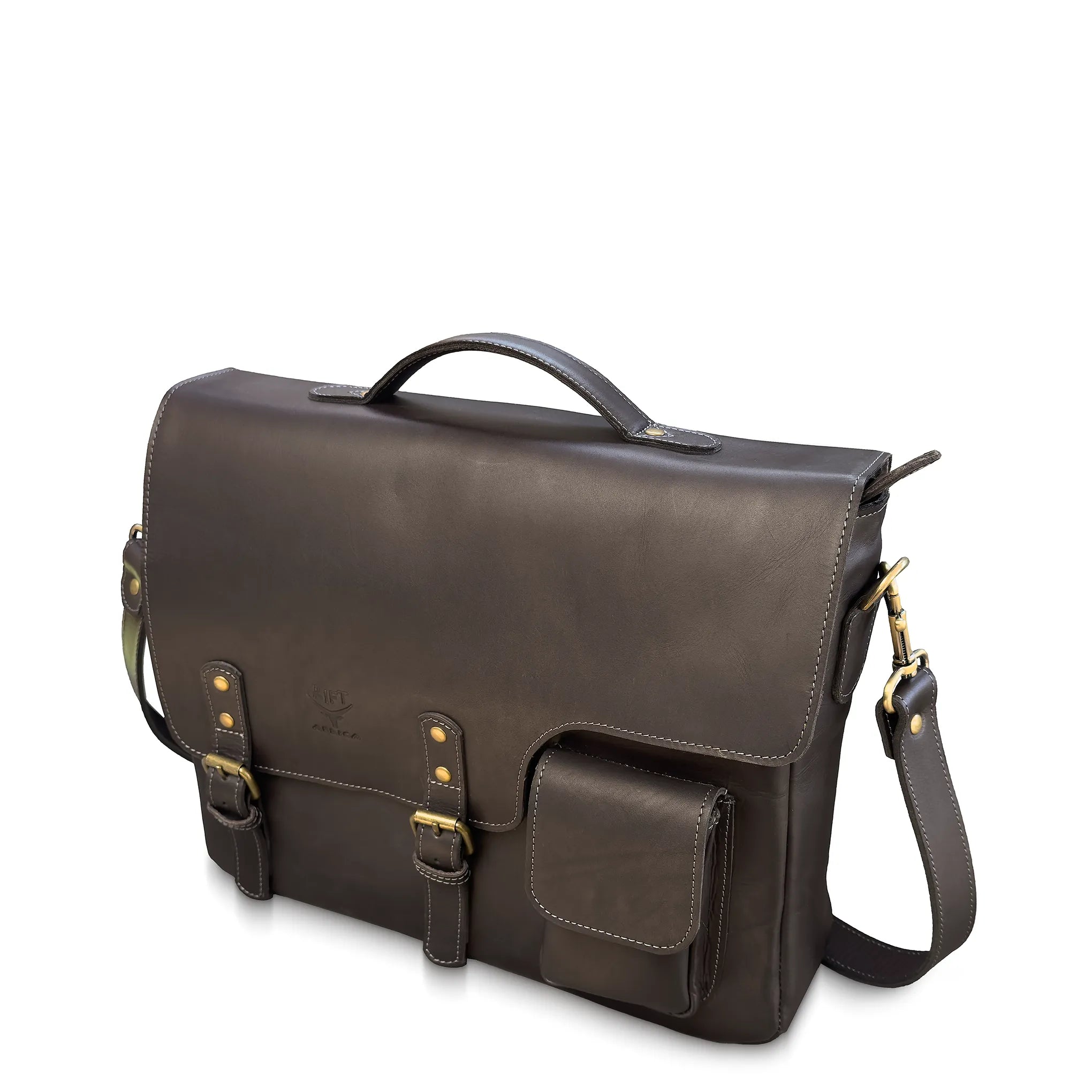 Brown leather briefcase with gold accents on a white background