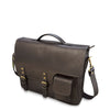 Brown leather briefcase with gold accents on a white background