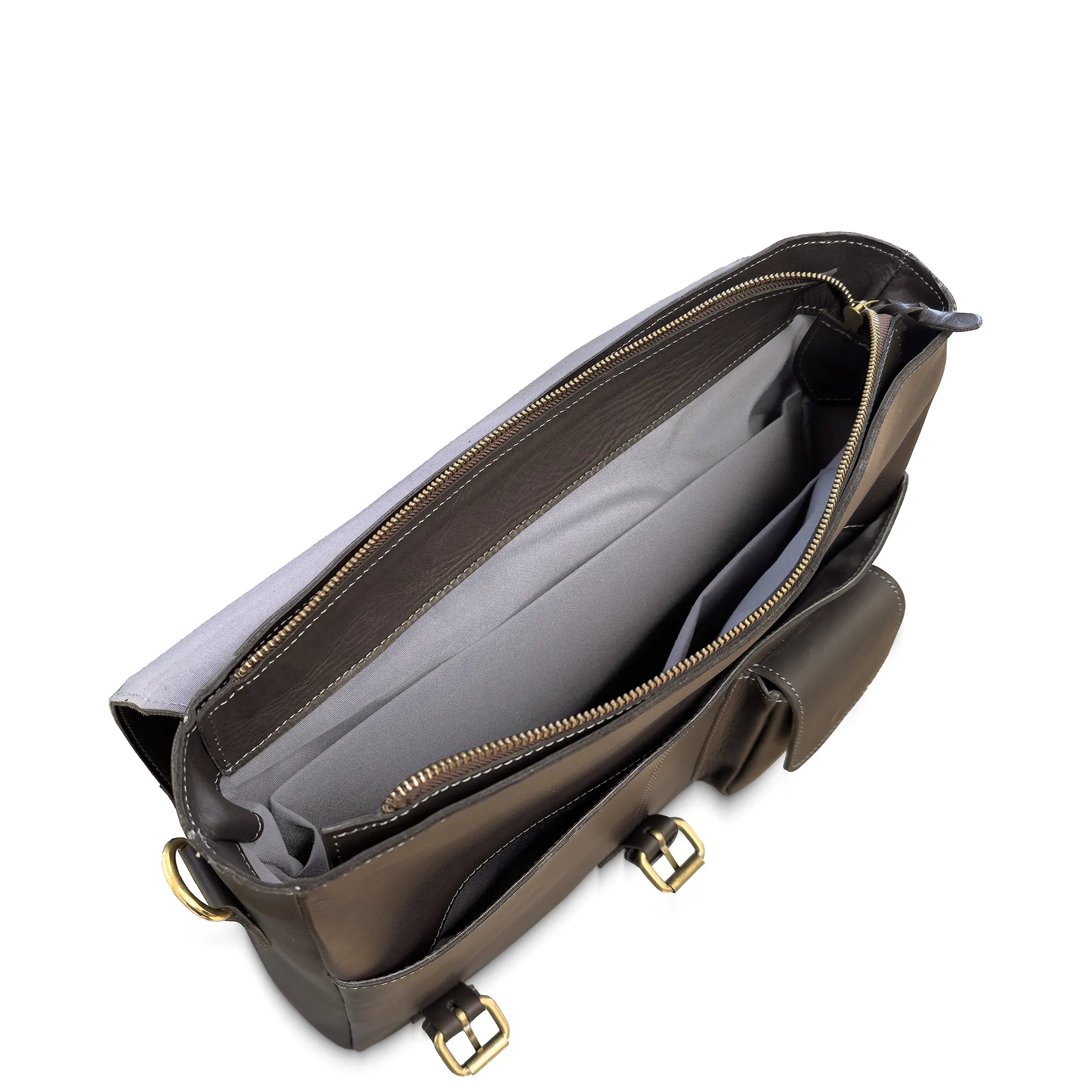 Brown leather bag with gold zipper and hardware on a white background