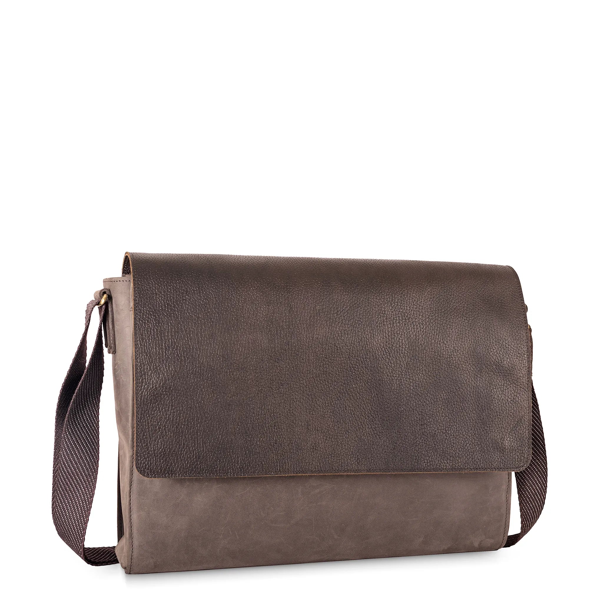 Brown leather messenger bag on a white background