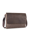 Brown leather messenger bag on a white background