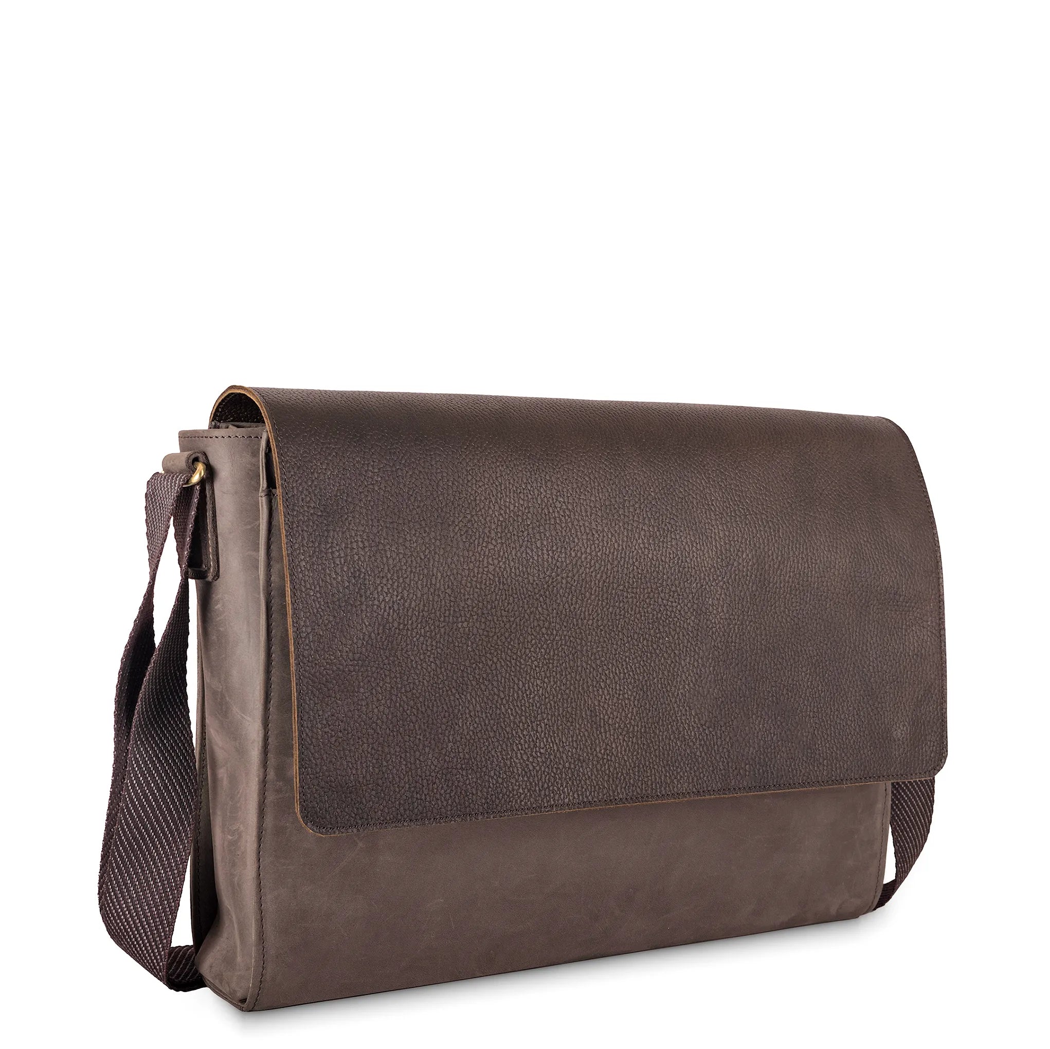 Brown leather messenger bag on a white background