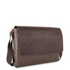 Brown leather messenger bag on a white background