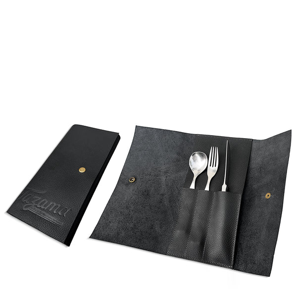 Black leather cutlery pouch with spoon and fork inside a case on a white background