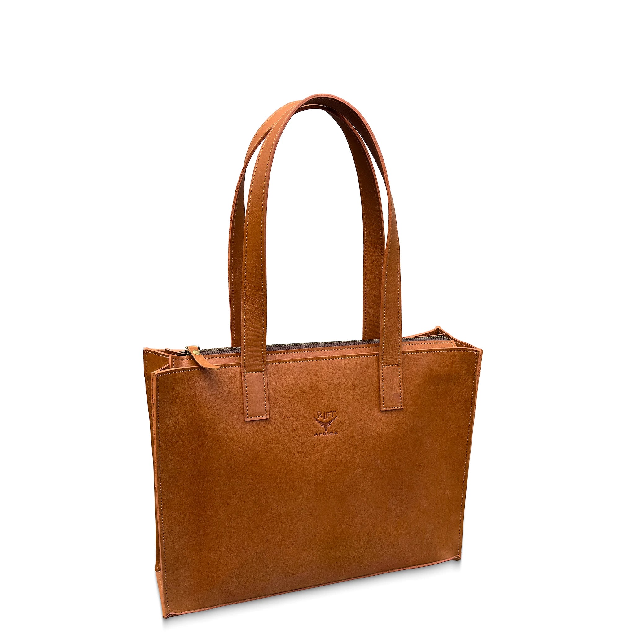 Brown leather tote bag on a white background
