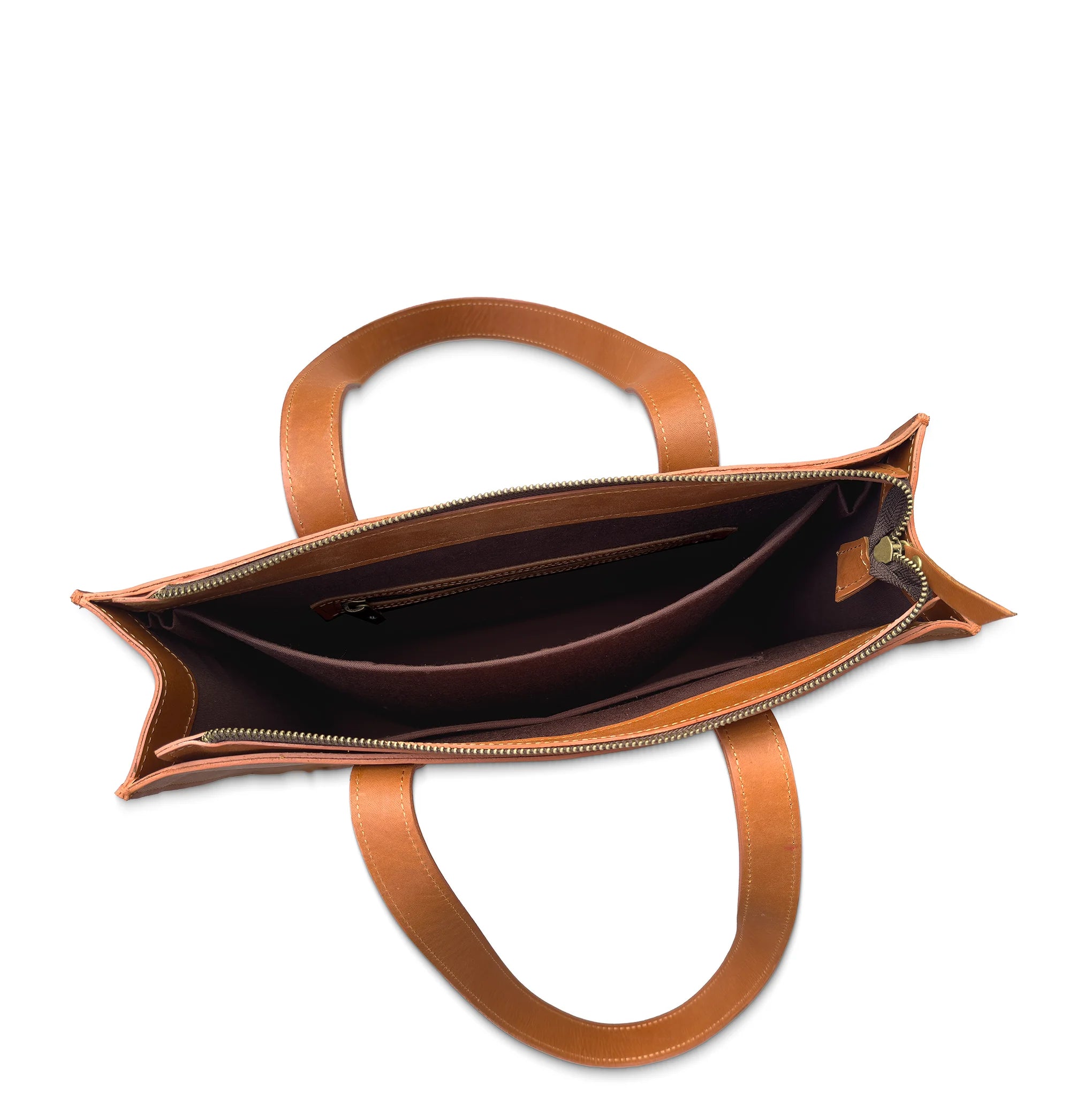 Brown leather handbag with open top on a white background