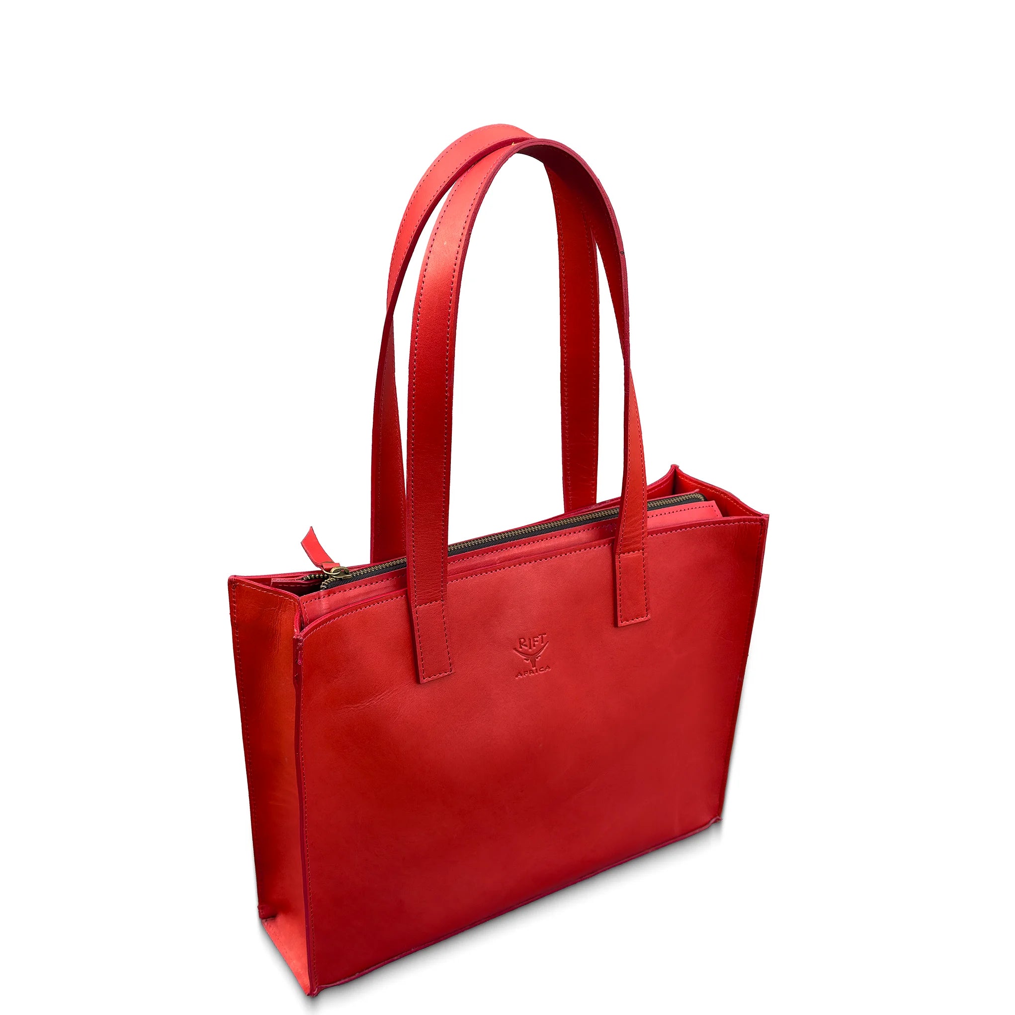 Red leather tote bag with a visible brand logo on a white background