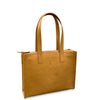 Brown leather tote bag with a visible brand logo on a white background