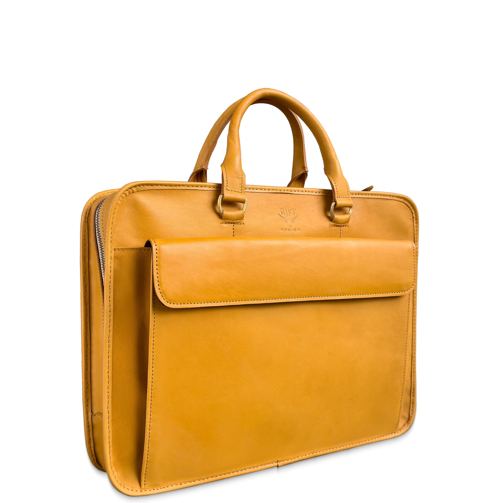 Tan leather briefcase with gold zipper pulls on a white background