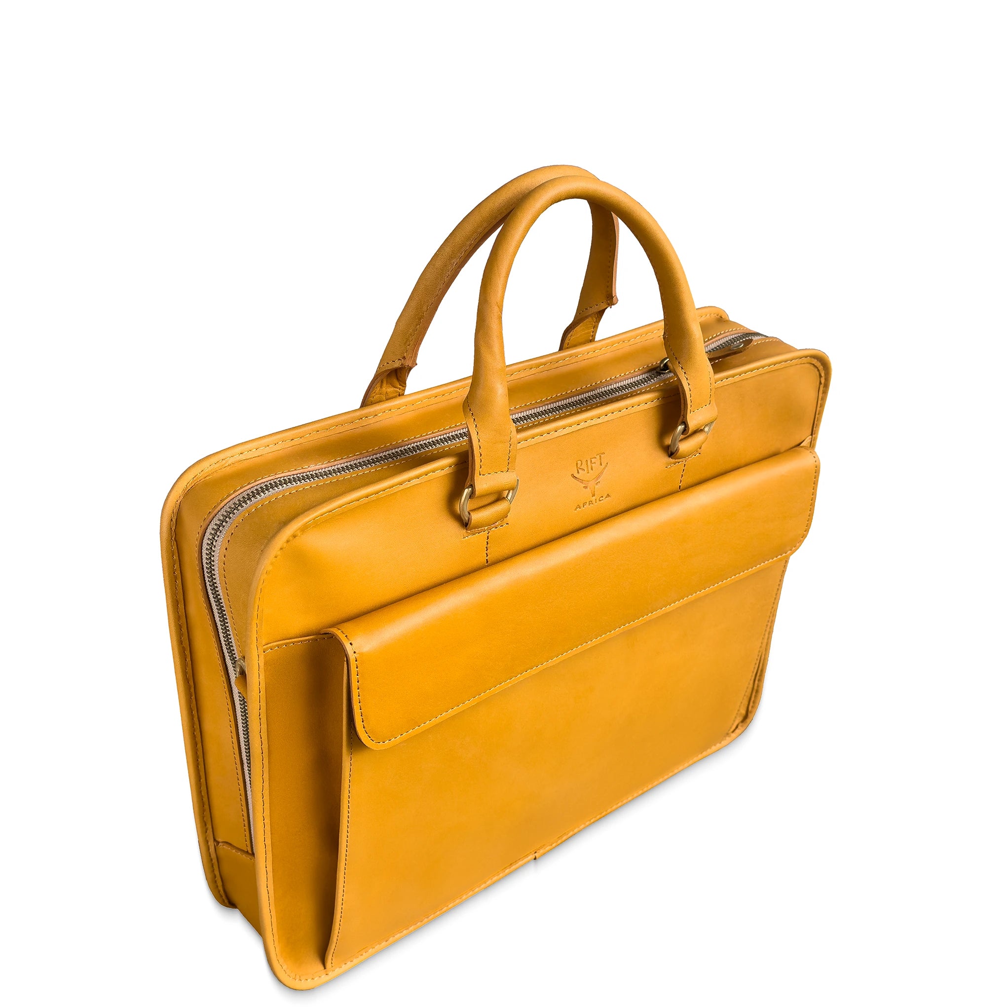 Tan leather briefcase with gold zipper pulls on a white background