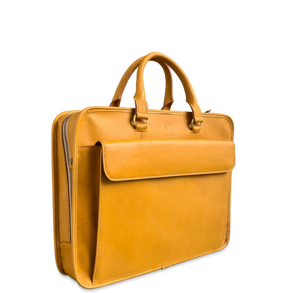 Tan leather briefcase with gold zipper pulls on a white background