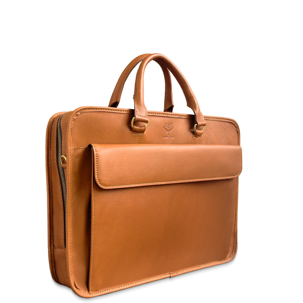 Brown leather briefcase with gold zipper pulls on a white background