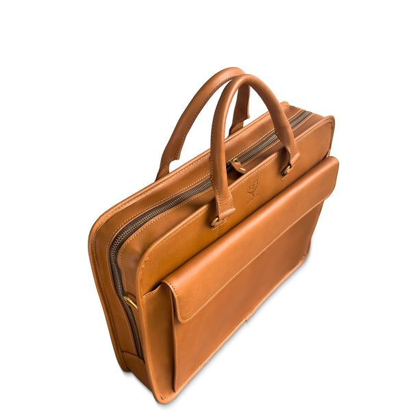 Brown leather briefcase with gold zipper pulls on a white background