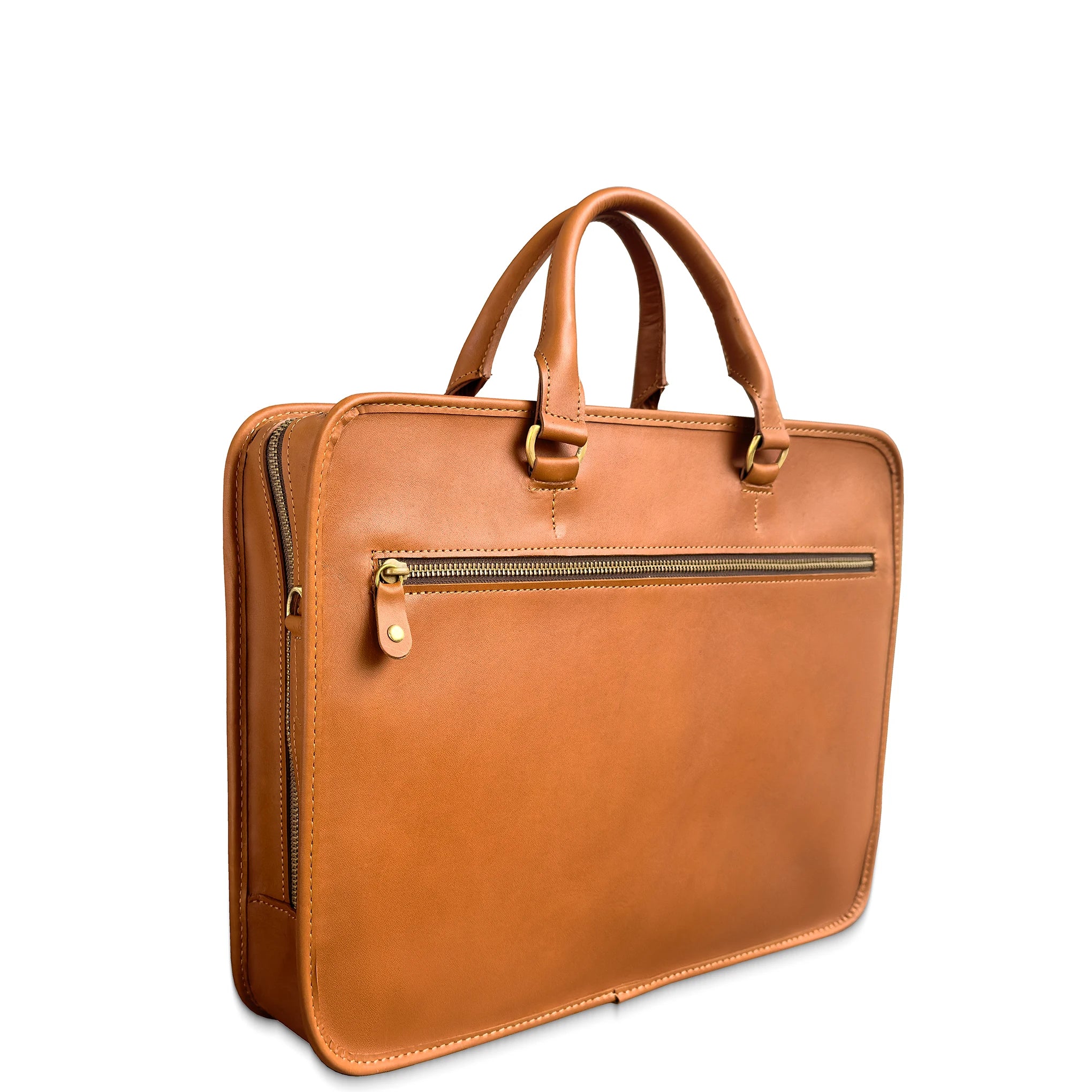 Brown leather briefcase with gold zipper pulls on a white background
