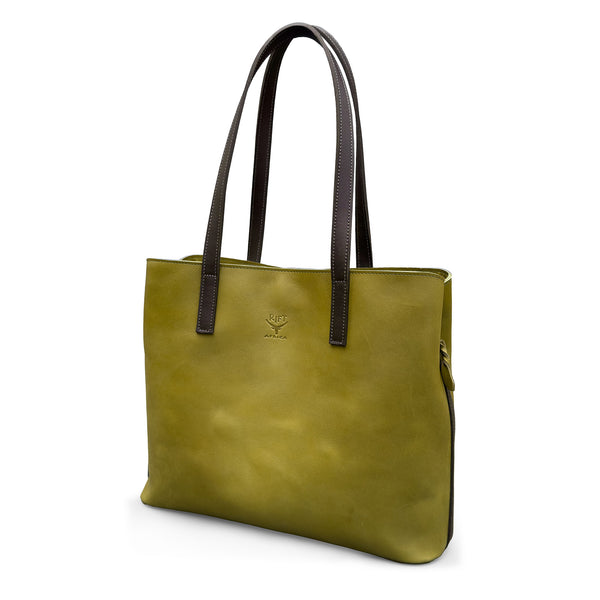 Green leather handbag with brown handles on a white background
