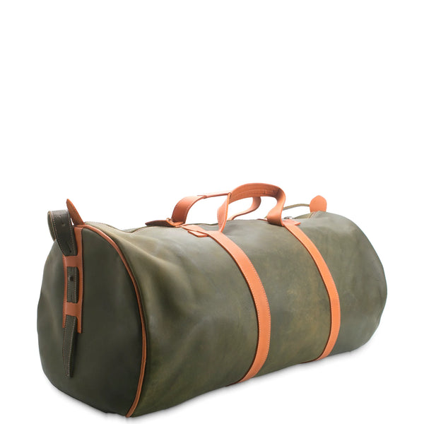 Green duffel bag with orange straps on a white background