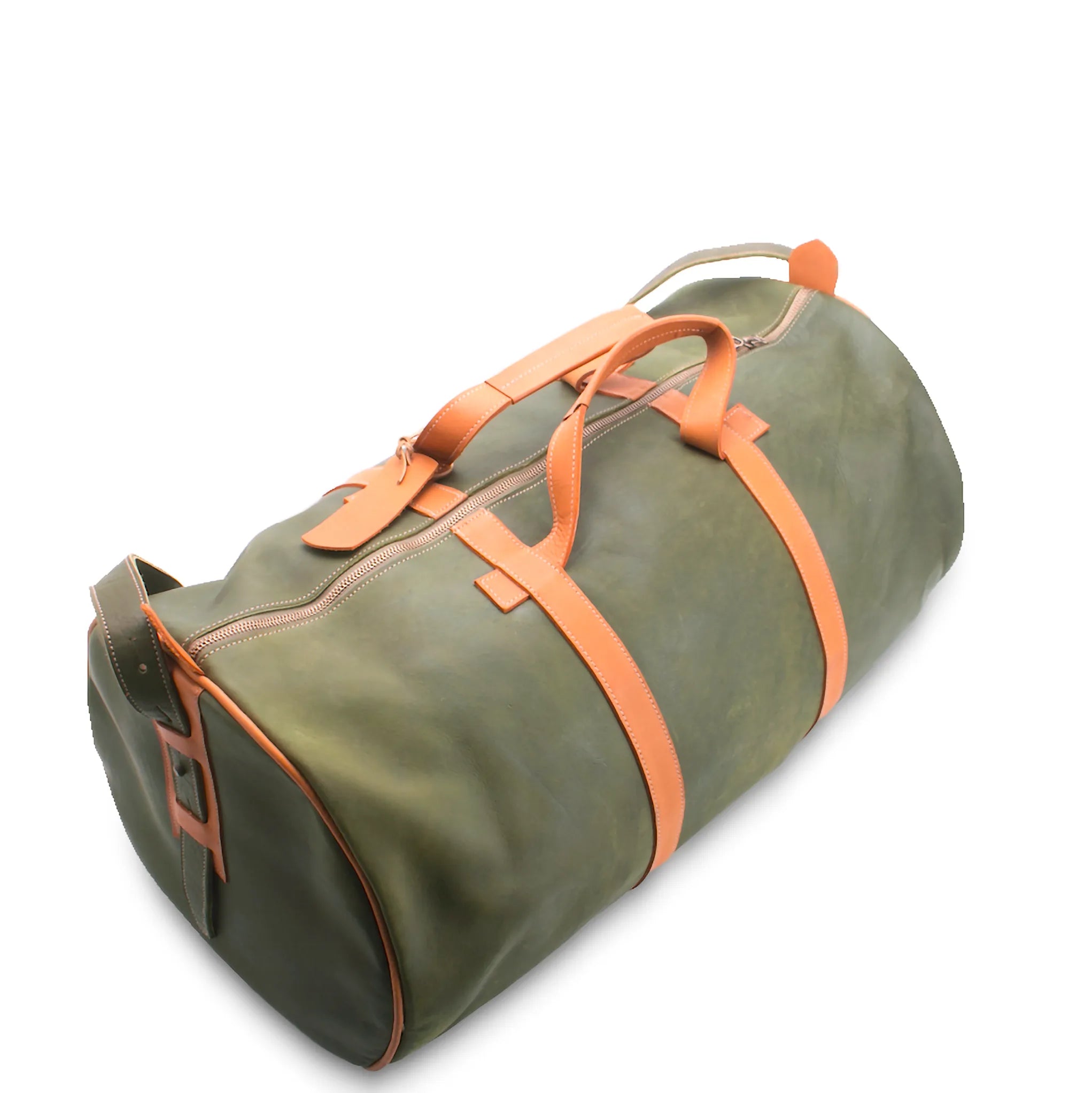 Green duffel bag with orange straps on a white background
