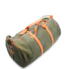 Green duffel bag with orange straps on a white background