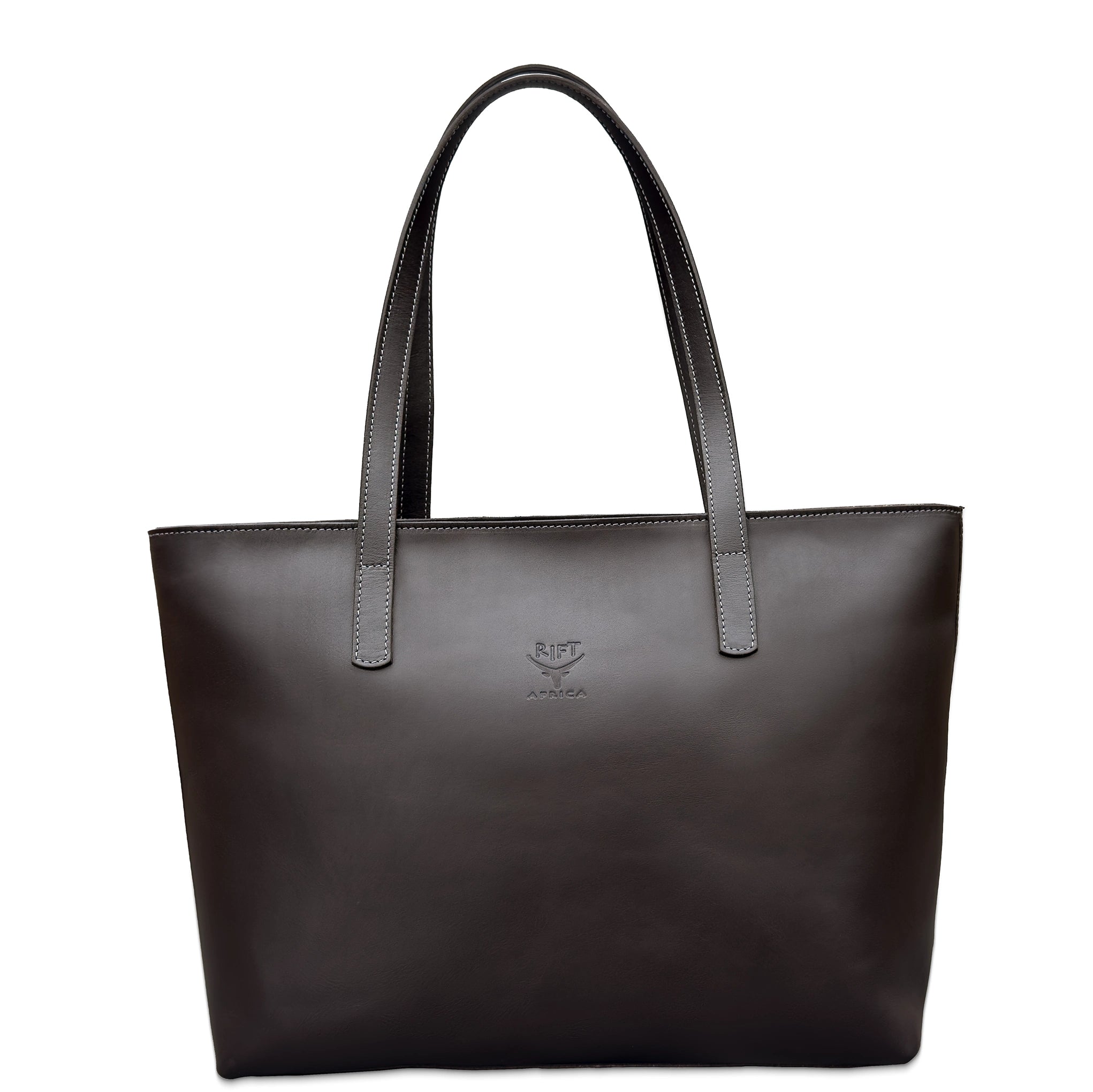 Black leather tote bag with a visible brand logo on a white background
